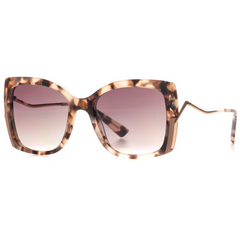 This classic rectangular Ana Hickmann sunglass comes in a brown turtle shell print acetate frame, rose gold metal wavy temples with acetate ends. Brown graduated lenses. Left side view.