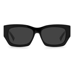 This rectangular Jimmy Choo sunglass features a shiny black with logo print on the arms of the acetate frame and grey lenses. Front view.