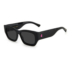 This rectangular Jimmy Choo sunglass features a shiny black with logo print on the arms of the acetate frame and grey lenses. Left side view.