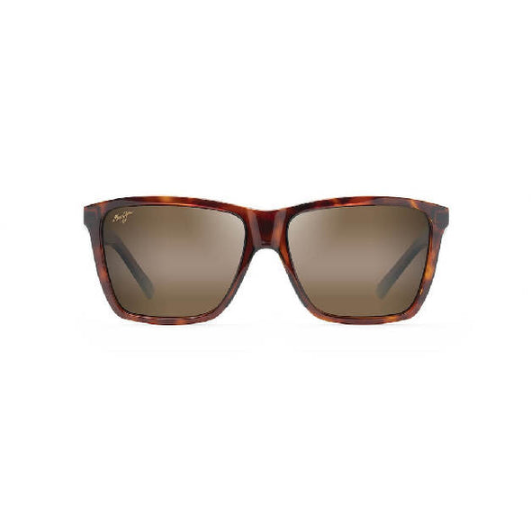 This square Maui Jim sunglass comes in a tortoise frame with hcl bronze super thin glass lenses. Front view.