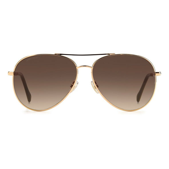 Jimmy Choo Devan Sunglasses features a nude and rose gold metal alloy frame with a brown gradient lens. Glitter embellishment decorates the arms. Front view.