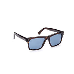 A square acetate frame which comes in a shiny dark havana colour with blue lenses. Right side view.