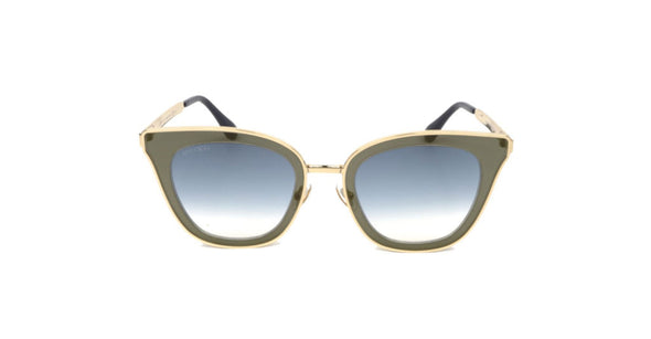 Subtle cat-eye sunglass comes in a gold and blue frame with blue gradient lenses and blue crystal embellishment on the arms. Front view.