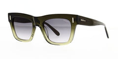 Square shape Mulberry sunglass is a polished khaki green gradient acetate frame with a brown gradient lens and featuring the brand’s gold Mulberry logo. Left angled view.