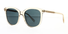Square Mulberry sunglass is a shiny apricot crystal acetate frame with a green lens. Left angled view.