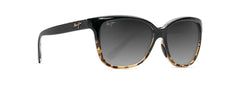 This square Maui Jim sunglass comes in a glossy black with tortoiseshell frame with neutral grey lenses. Right side view.
