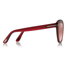 SHINY ACETATE STYLE red/brown sunglasses WITH METAL 'T' LOGO DECORATION ON THE TEMPLE. Right side view.
