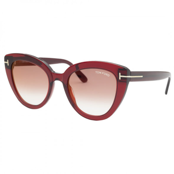 SHINY ACETATE STYLE red/brown sunglasses WITH METAL 'T' LOGO DECORATION ON THE TEMPLE. Left side view.