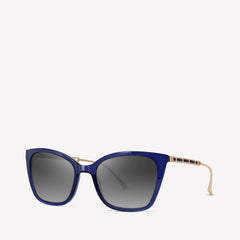 Soft square Aspinal of London sunglass. This lightweight acetate frame comes in a midnight blue colour with grey gradient lenses. Left angled view.