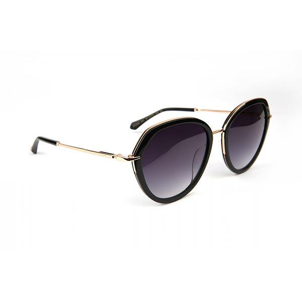 Squared oval shape Ana Hickmann sunglass, with gold metal frame, gold metal bridge, black acetate ends and grey graduated lens. Right side view.