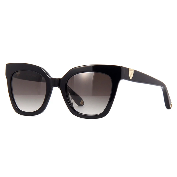 This D-shaped frame Aspinal of London sunglass comes in a black highly-polished Italian acetate frame with brown graduated lenses. Left view.