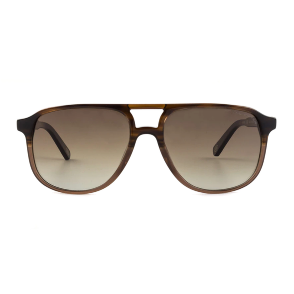 and Rover men's sunglass comes in a lightweight brown acetate frame. Polarised graduated brown lenses. Front view.