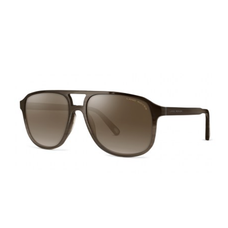 and Rover men's sunglass comes in a lightweight brown acetate frame. Polarised graduated brown lenses. Left side view.