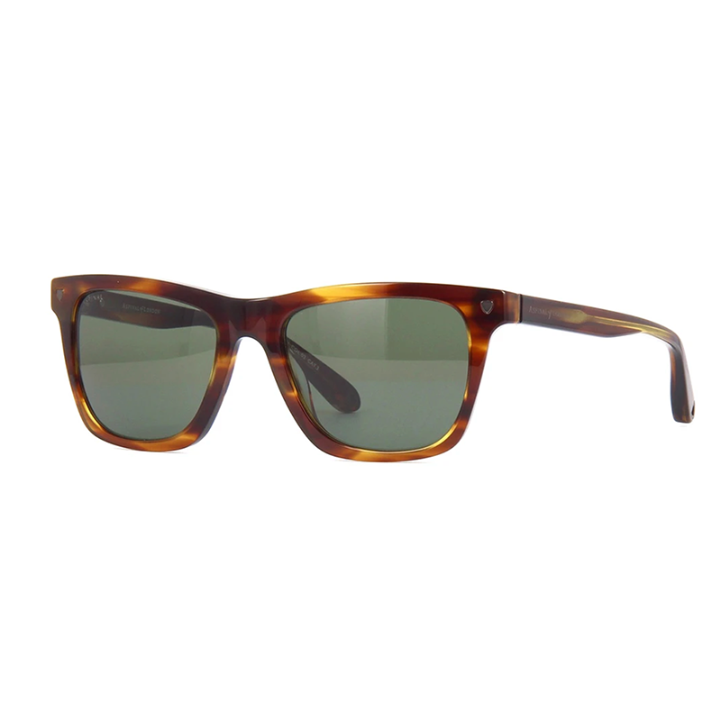 A classic unisex Aspinal of London sunglass. This lightweight acetate frame comes in the colour tiger eye with green lenses. Left angled view.