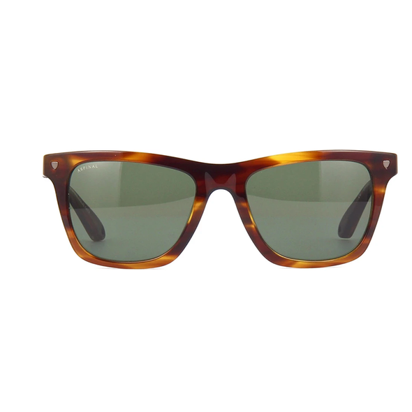 A classic unisex Aspinal of London sunglass. This lightweight acetate frame comes in the colour tiger eye with green lenses. Front view