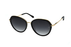 Squared oval shape Ana Hickmann sunglass, with gold metal frame, gold metal bridge, black acetate ends and grey graduated lens. Left side view.