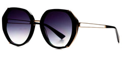 Featuring a retro squared oval shape in a shiny black acetate frame with gold metal sides and graduated grey lenses. Left side view.