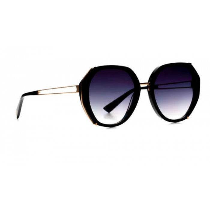 Featuring a retro squared oval shape in a shiny black acetate frame with gold metal sides and graduated grey lenses. Right side view.