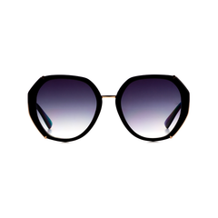 Featuring a retro squared oval shape in a shiny black acetate frame with gold metal sides and graduated grey lenses. Front view.