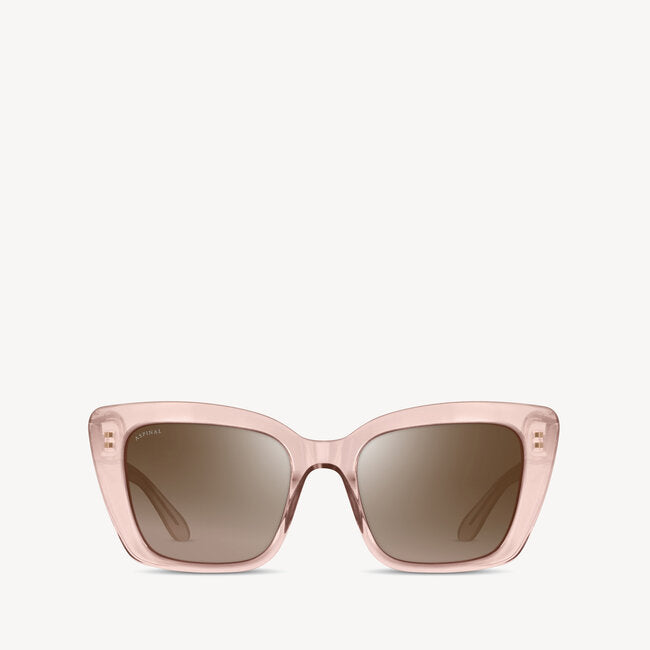 Soft square Aspinal of London sunglass. This lightweight acetate frame comes in a rose gold glass-like crystal colour with brown gradient lenses. Front view.