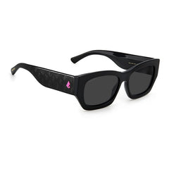 This rectangular Jimmy Choo sunglass features a shiny black with logo print on the arms of the acetate frame and grey lenses. Right side view.