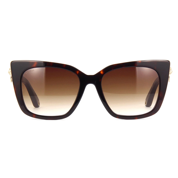 Square Aspinal of London sunglass comes in a tortoiseshell acetate frame with brown graduated lenses. Front view.