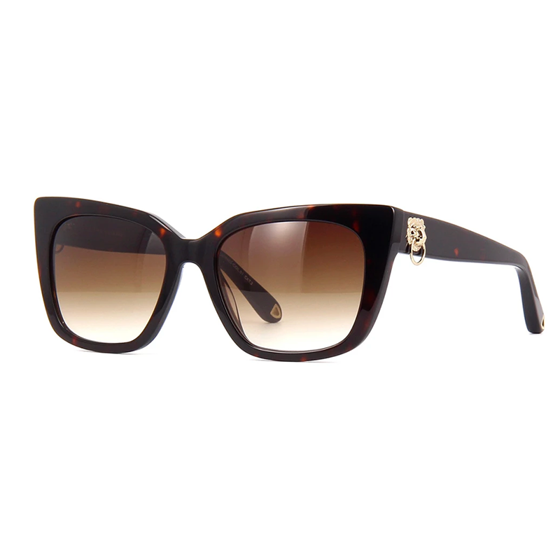 Square Aspinal of London sunglass comes in a tortoiseshell acetate frame with brown graduated lenses. Left view.