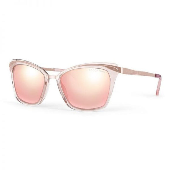 This butterfly shaped Cocoa Mint sunglass comes in stunning blush pink acetate frame with rose gold metal temples and acetate ends. Rose gold lenses.  Side angle view.