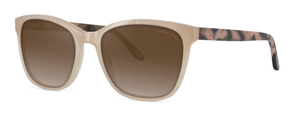 Soft square acetate Cocoa Mint sunglass comes in a warm beige frame with tortoiseshell print sides. 