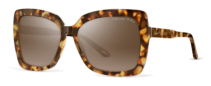 This trendy, deep square Cocoa Mint sunglass comes in a polished tortoiseshell acetate frame for a warm, sun-inspired glow.