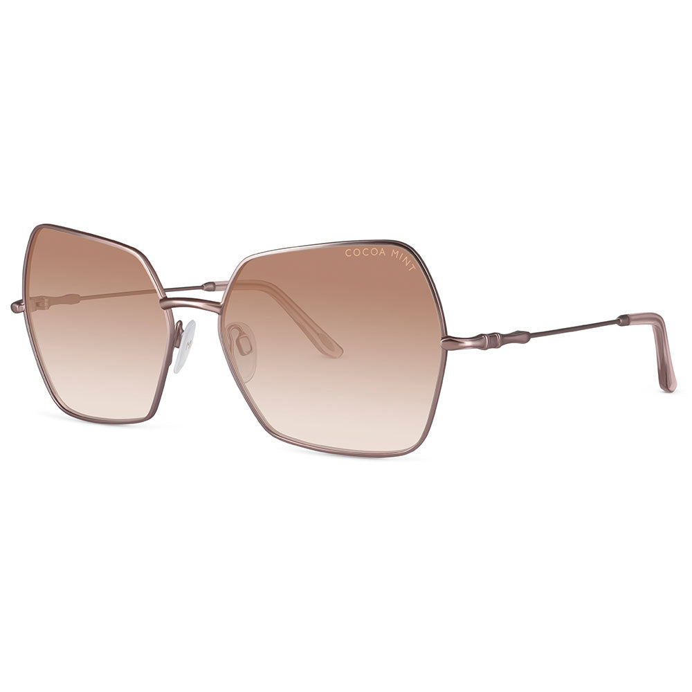 Hexagonal Cocoa Mint sunglass comes in a pale pink metal frame with pale crystal pink acetate leg ends and rose tinted lenses.