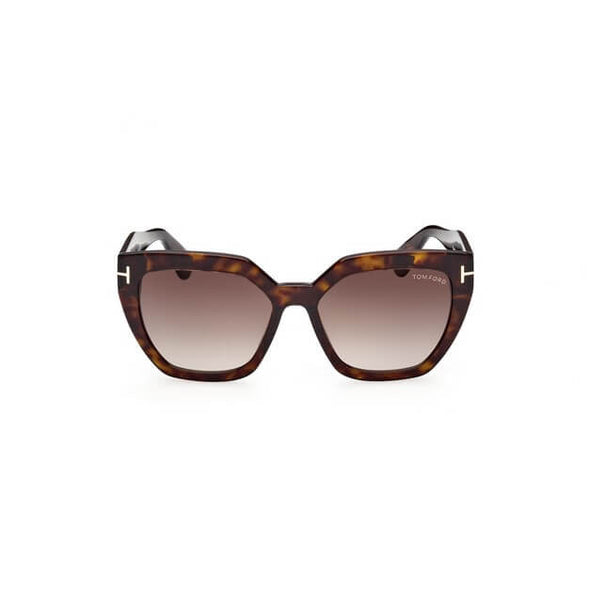 Oversized square acetate style frame in dark havana with brown gradient lenses and the metal 'T' temple decoration. Front view.