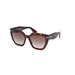 Oversized square acetate style frame in dark havana with brown gradient lenses and the metal 'T' temple decoration. Left side view.
