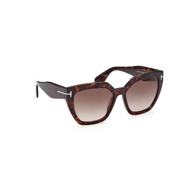 Oversized square acetate style frame in dark havana with brown gradient lenses and the metal 'T' temple decoration. Right side view.