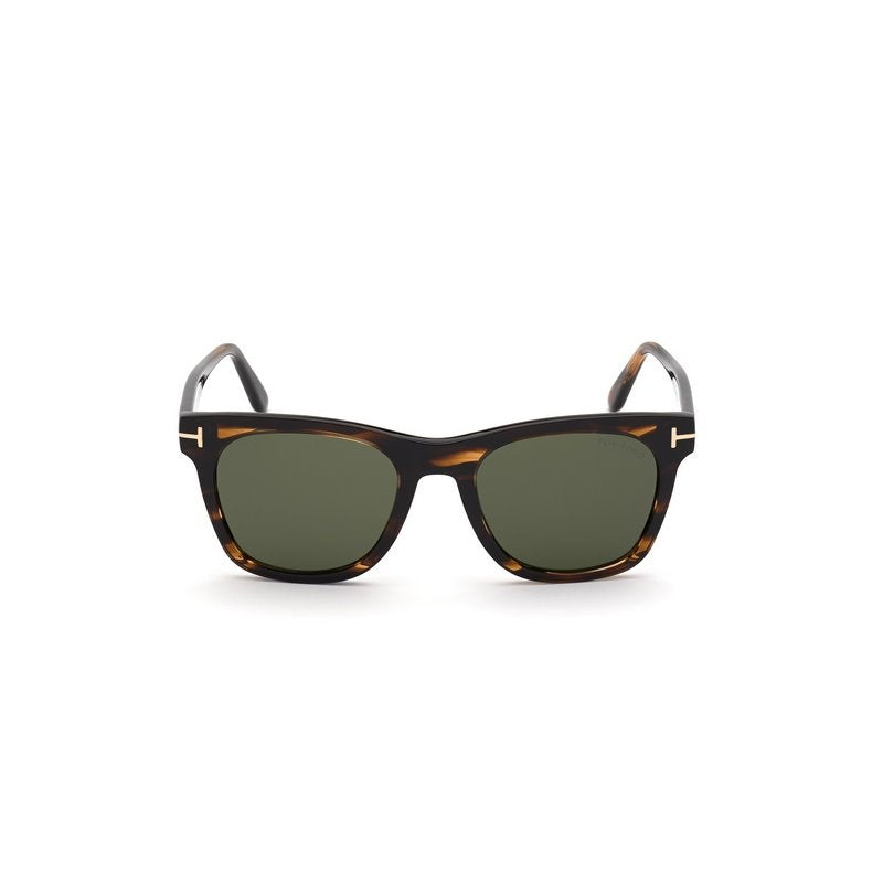 A square acetate frame which comes in a dark havana colour with green lenses. Front view.