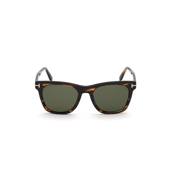 A square acetate frame which comes in a dark havana colour with green lenses. Front view.