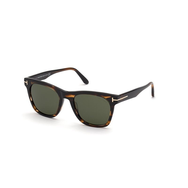 A square acetate frame which comes in a dark havana colour with green lenses. Left side view.