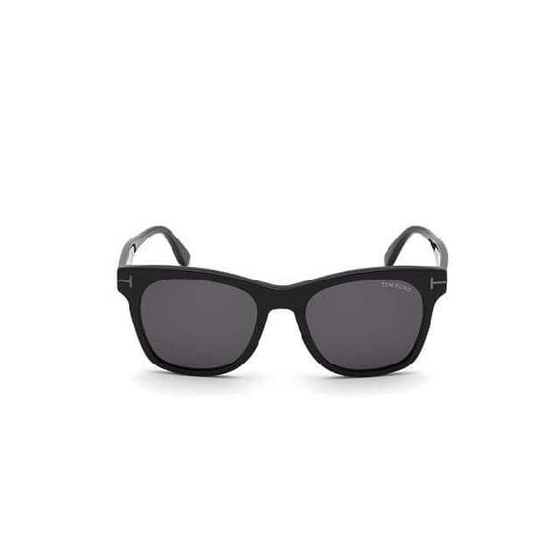 A square acetate frame which comes in a shiny black colour with smoke lenses. Front view.