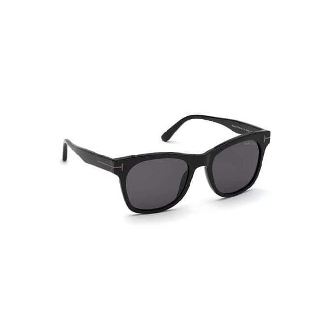 A square acetate frame which comes in a shiny black colour with smoke lenses. Right side view.