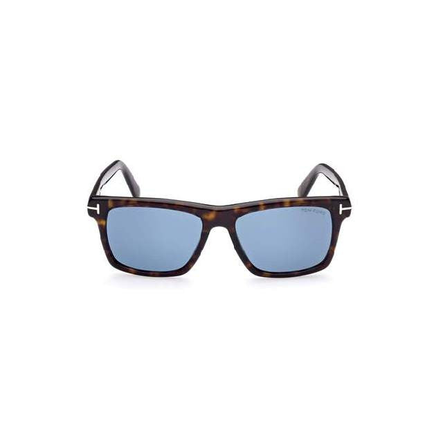 A square acetate frame which comes in a shiny dark havana colour with blue lenses. Front view.