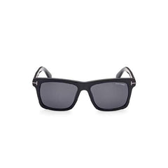 A square acetate frame which comes in a shiny black colour with smoke lenses. Front view.