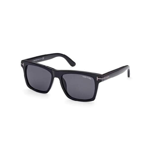A square acetate frame which comes in a shiny black colour with smoke lenses. Left side view.
