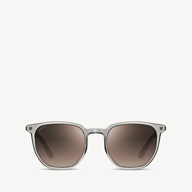 Aspinal of London men's sunglass featuring a clean geometric shape, comes in a grey crystal lightweight acetate frame with grey solid lenses. Front view.
