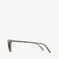 Aspinal of London men's sunglass featuring a clean geometric shape, comes in a grey crystal lightweight acetate frame with grey solid lenses. Left full view.