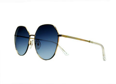 Squared oval shape Ana Hickmann sunglass, with gold metal frame, gold metal bridge, clear crystal acetate ends and blue lenses. Left side view.