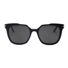 Ana Hickmann square shape sunglass comes in a shiny black acetate frame with solid grey lenses. Front view.