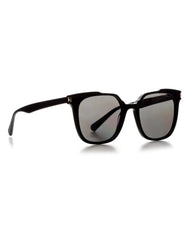 Ana Hickmann square shape sunglass comes in a shiny black acetate frame with solid grey lenses. Right side view.