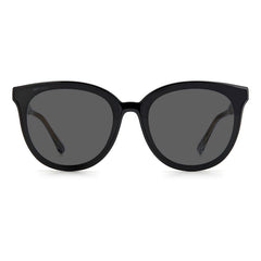 Classic Jimmy Choo sunglass comes in a shiny black and gold with crystal acetate frame with dark grey lenses. Front view.
