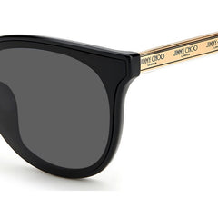 Classic Jimmy Choo sunglass comes in a shiny black and gold with crystal acetate frame with dark grey lenses. Close up view.