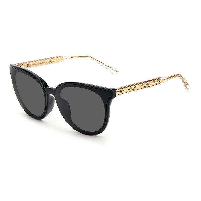 Classic Jimmy Choo sunglass comes in a shiny black and gold with crystal acetate frame with dark grey lenses. Left side view.